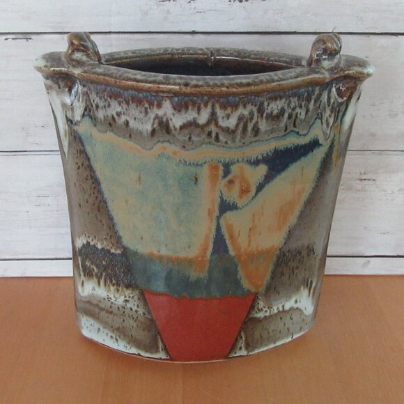 Vintage glazed art pottery envelope shaped vase -geometric pattern-Modernist-MCM - Picture 2 of 12